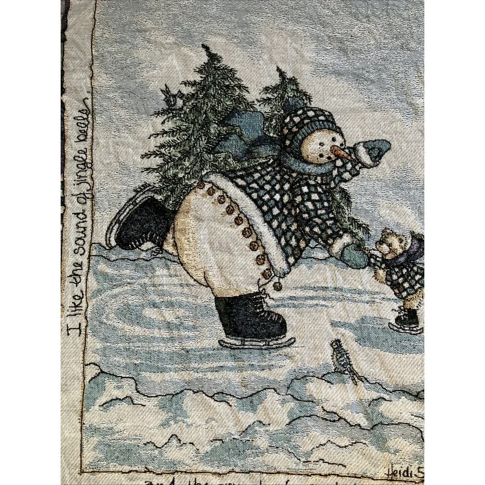 Heidi Saterberg USA Snowman & Bear Skating Woven Tapestry Throw Blanket 48